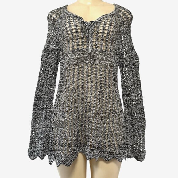 Love On A Hanger Gray Open Knit Eyelet Top Long Sleeve See Through Coverup Tunic - Picture 2 of 10